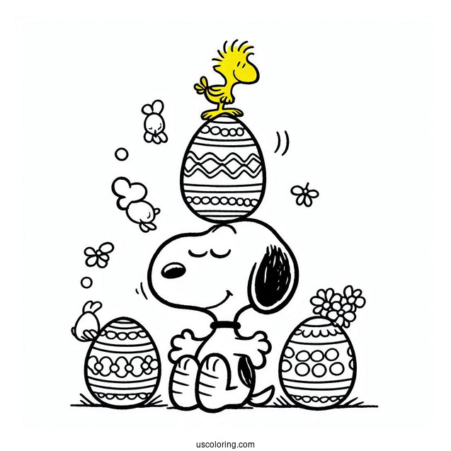 Easter Coloring Page Of Snoopy Balancing Easter Eggs With Woodstock On Top