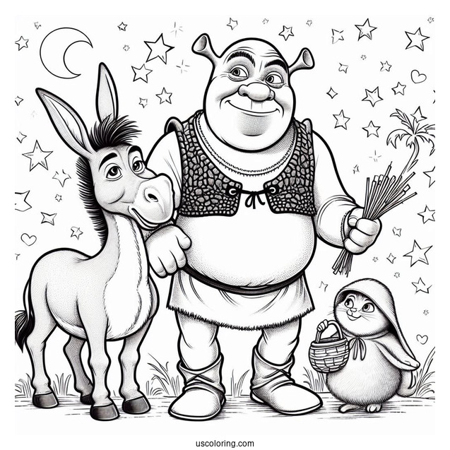 Shrek, Donkey And Puss In Boots To Color