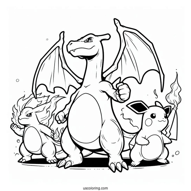 Charizard With Blastoise And Pikachu Coloring Sheet