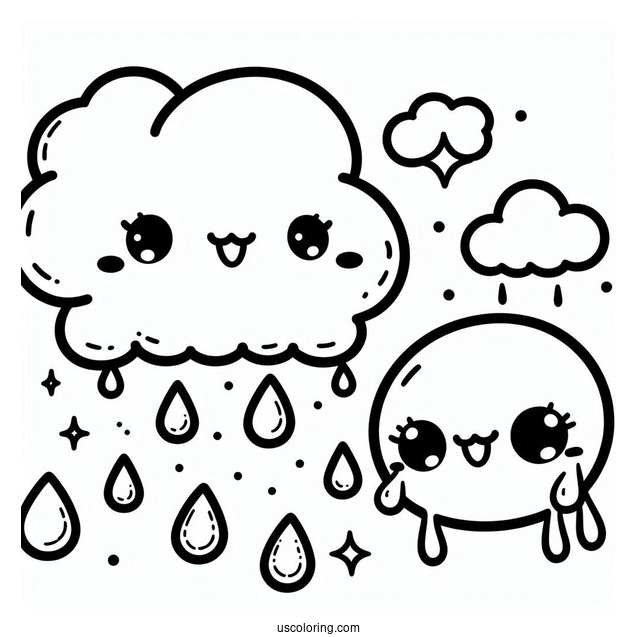 Rain Coloring Page Of Kawaii Raindrops Falling From Cloud For Preschoolers