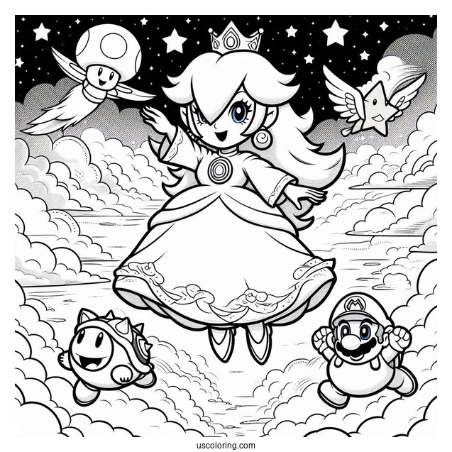 Rosalina Flying In The Sky With Luma, Mario, And Star Fox Coloring Sheet