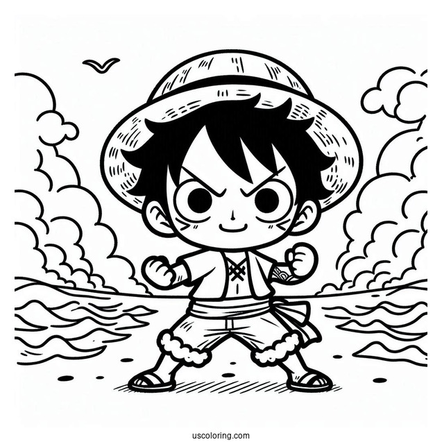 Kawaii Luffy Coloring Page In Fighting Pose On The Sea For Kids