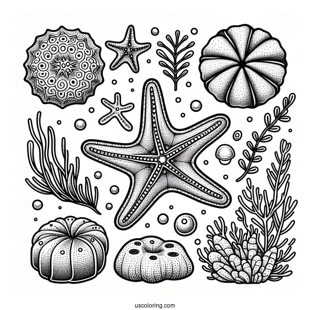 Cushion Starfish Coloring Page Next To Sea Sponges