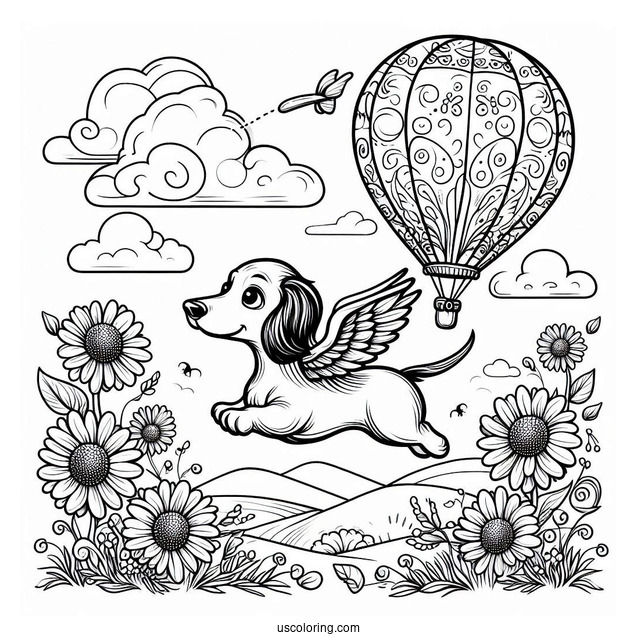 Dachshund Coloring Page Flying With Balloon In The Sky