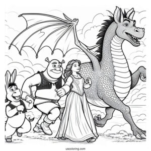 Shrek, Fiona And Donkey Running From Dragon