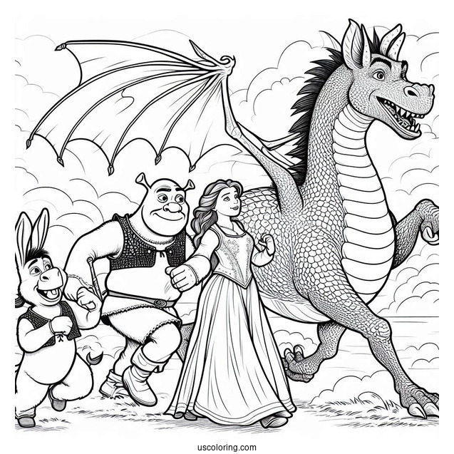 Shrek, Fiona And Donkey Running From Dragon