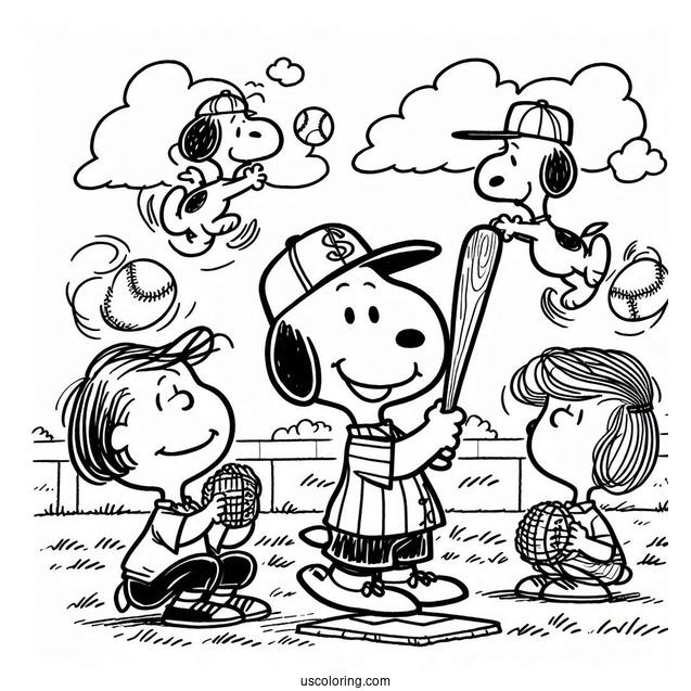 Coloring Page Of Peanuts Gang Playing Baseball