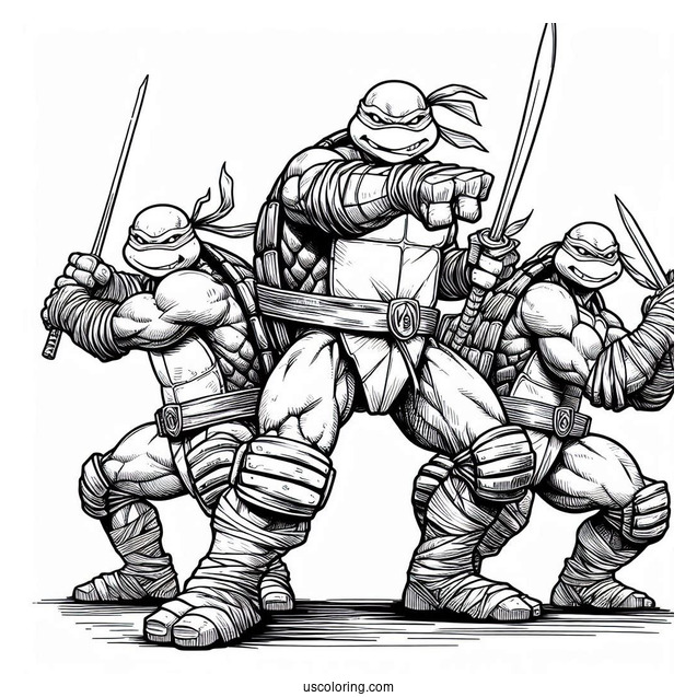 Ninja Turtles Coloring Page Of Leonardo, Donatello, Michelangelo, And Raphael In Fighting Mode
