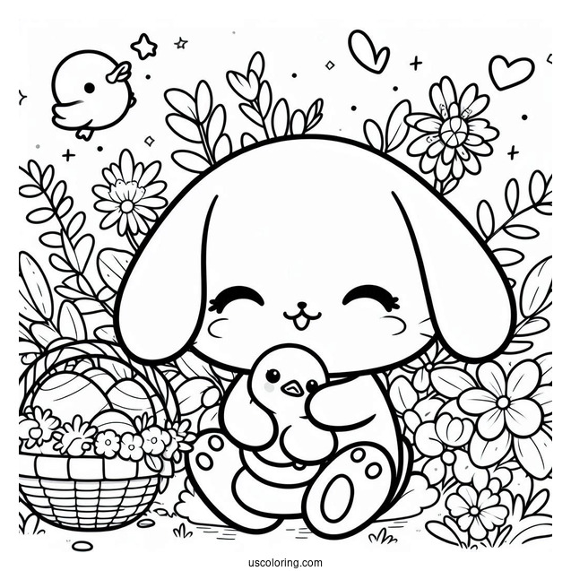 Kawaii Rabbit Hugging A Duckling Coloring Page