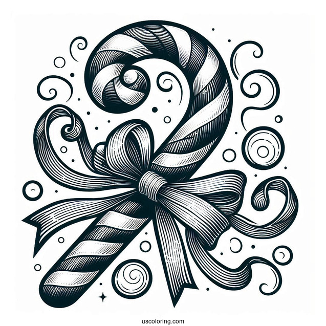 Swirly Candy Cane Coloring Page With Ribbon