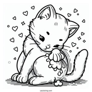 Coloring Page Of Cat Cleaning Itself