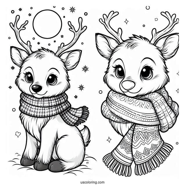 Furry Rudolph Coloring Page Wearing A Scarf Under The Night Sky