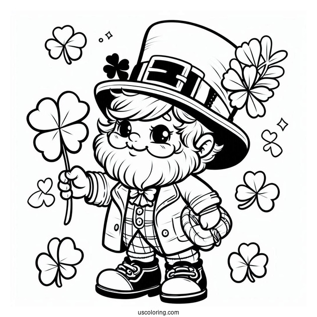 Cute Leprechaun Holding Shamrock To Color