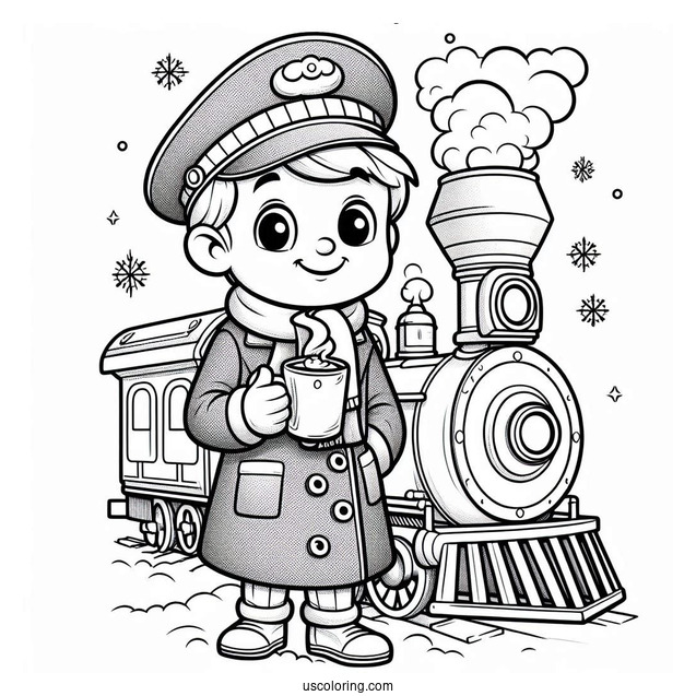 Polar Express Coloring Page Of Cartoon Conductor Holding A Cup Of Hot Coco For Kids