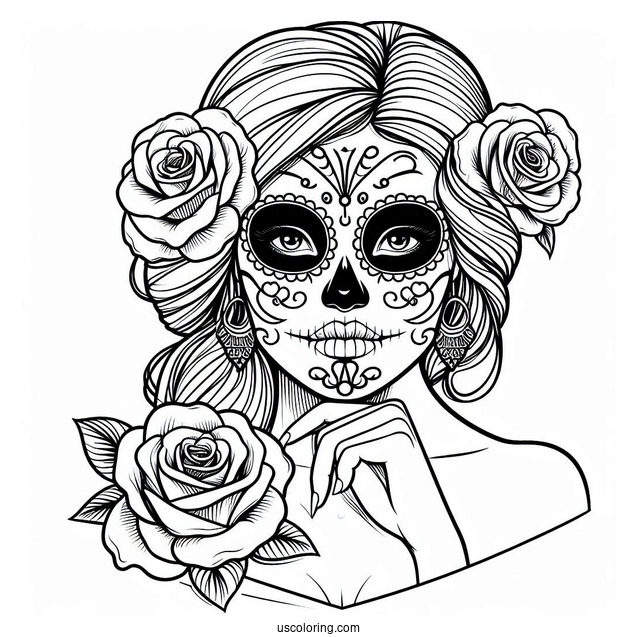 Woman With Sugar Skulls Coloring Page Face Paint And Rose Tucked Behind Her Ear