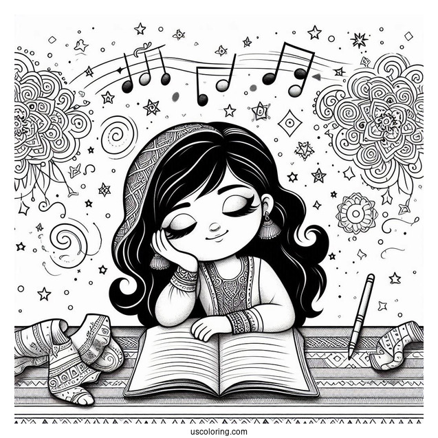 Sing Coloring Page Of Meena Daydreaming While Listening To Music