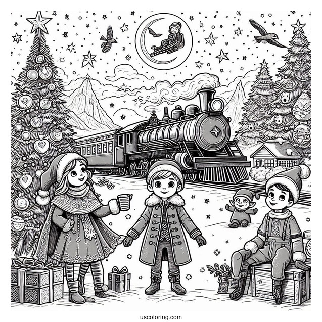 Polar Express Coloring Page Of Hero Boy, Hero Girl, And Lonely Boy With The Elves Around A Christmas Tree