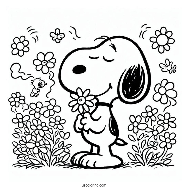 Snoopy Smelling Flowers To Color