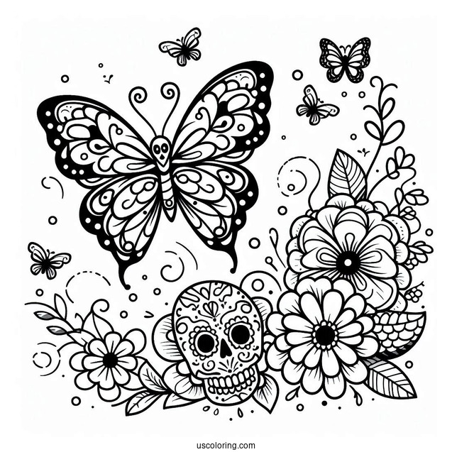 Butterfly Flying To A Sugar Skulls Coloring Page With Flowers