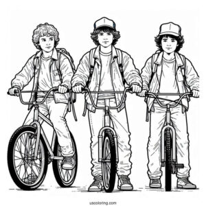 Coloring Page Of Mike, Dustin Will and Lucas On Bikes