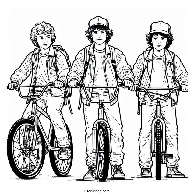 Coloring Page Of Mike, Dustin Will and Lucas On Bikes