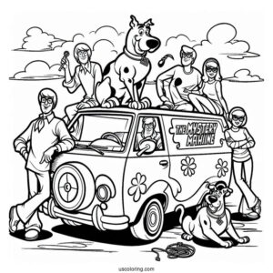 Scooby Gang With The Mystery Machine Coloring Page