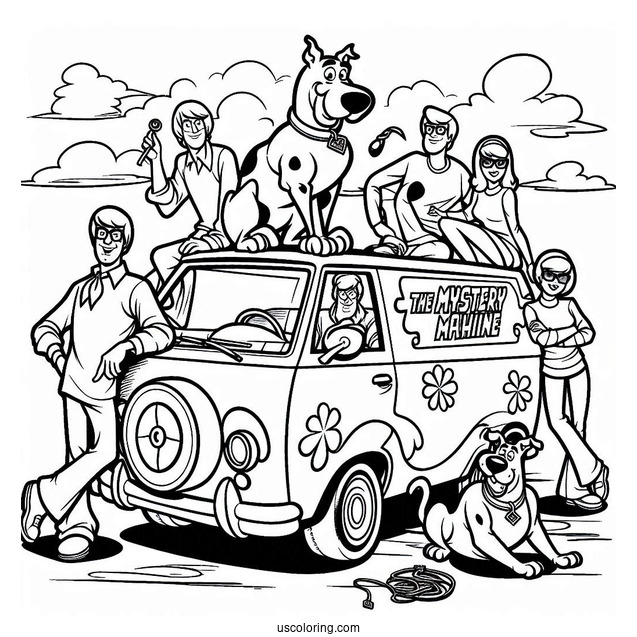 Scooby Gang With The Mystery Machine Coloring Page