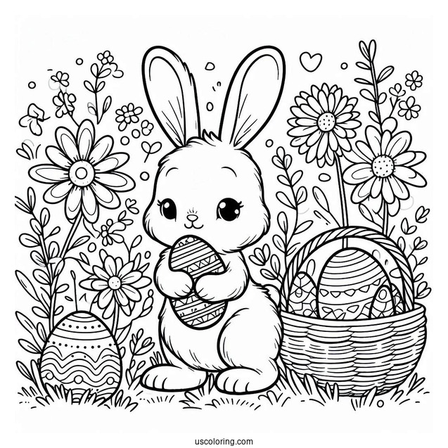 Pretty Little Easter Bunny Coloring Page In Flower Field For Kids