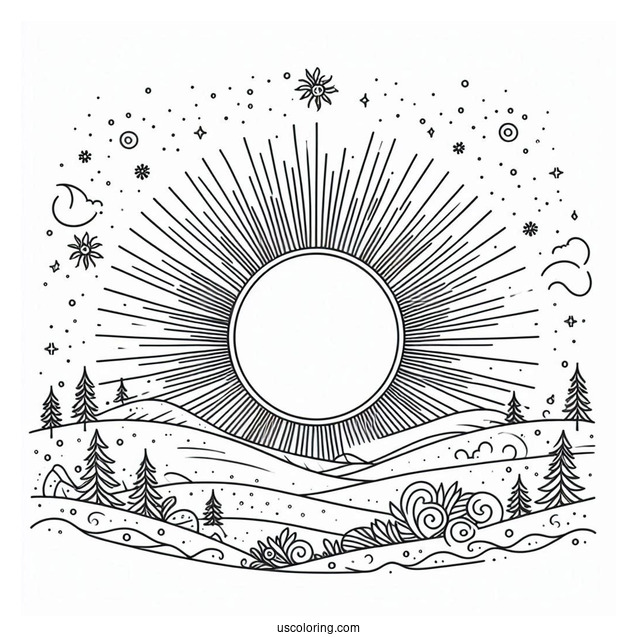 Sun Rising Over The Horizon Coloring Sheet For Kids