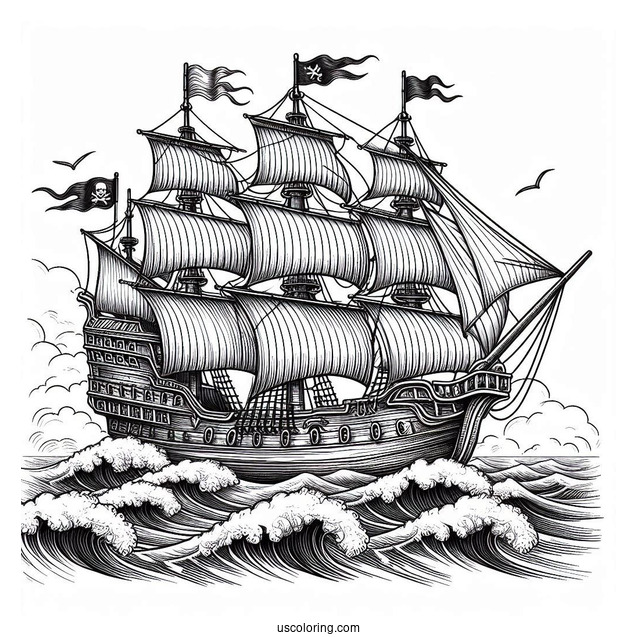 Realistic Pirate Ship Coloring Page With Large Waves At The Side