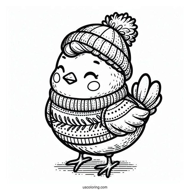 Chicken Wearing a Sweater And Beanie To Color