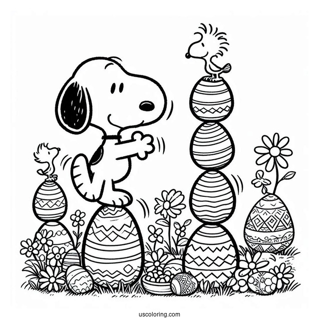 Easter Coloring Page Of Snoopy Balancing Easter Eggs With Woodstock On Top