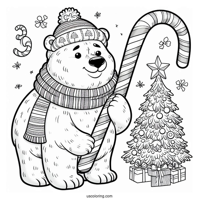 Big Polar Bear With Christmas Candy Canes Coloring In
