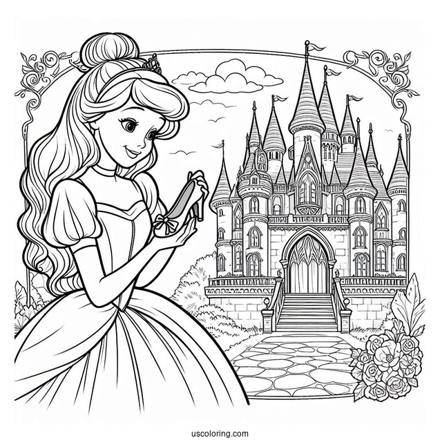 Princess Coloring Page Of Cinderella Outside Of Castle Holding Glass Slipper