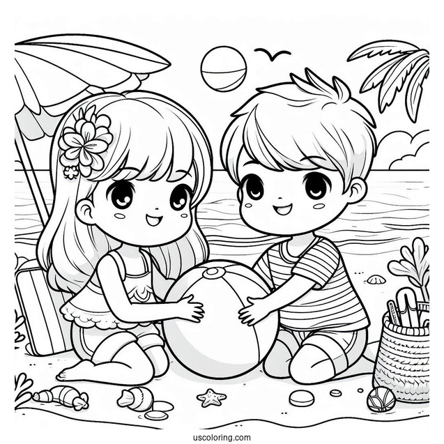 Two Kids Playing With A Beach Ball Coloring Sheet