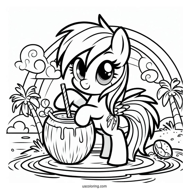 Rainbow Dash Coloring Page Holding Up Coconut Drink At The Beach