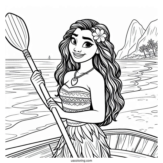 Moana Holding An Oar At The Beach Coloring Page For Kids