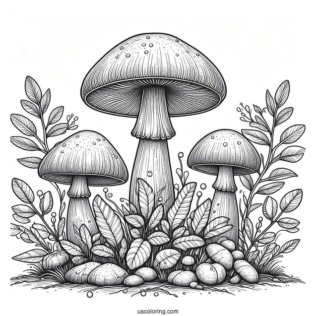 Three Realistic Mushroom Coloring Page Surrounded By Larger Plants
