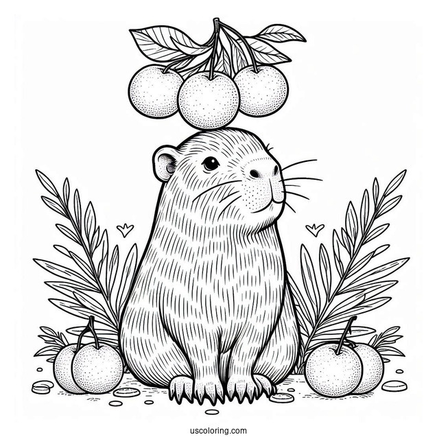 Serious Capybara Coloring Page Balancing Tangerines On Its Head