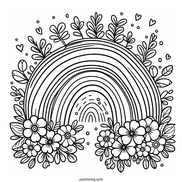 Easy Rainbow With Flowers Coloring Page For Preschoolers