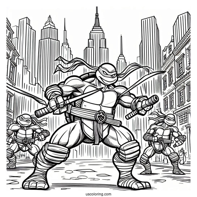 Ninja Turtles Coloring Page Of Michelangelo Using Nunchucks In City