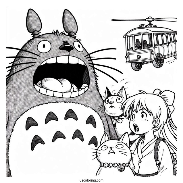Studio Ghibli Coloring Page of Totoro, Catbus, Mei, And Satsuki Screaming