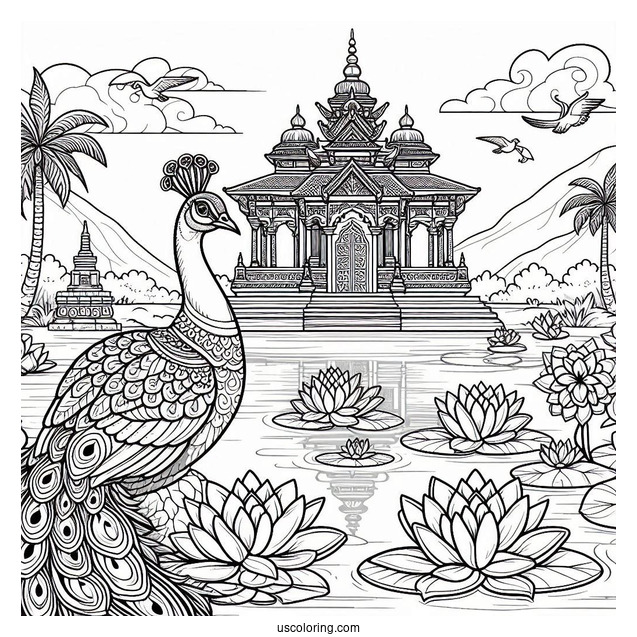 Peacock Coloring Page by Lotus Pond with Temple Background for Adults