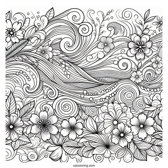 Waves And Flowers Pattern Coloring Page