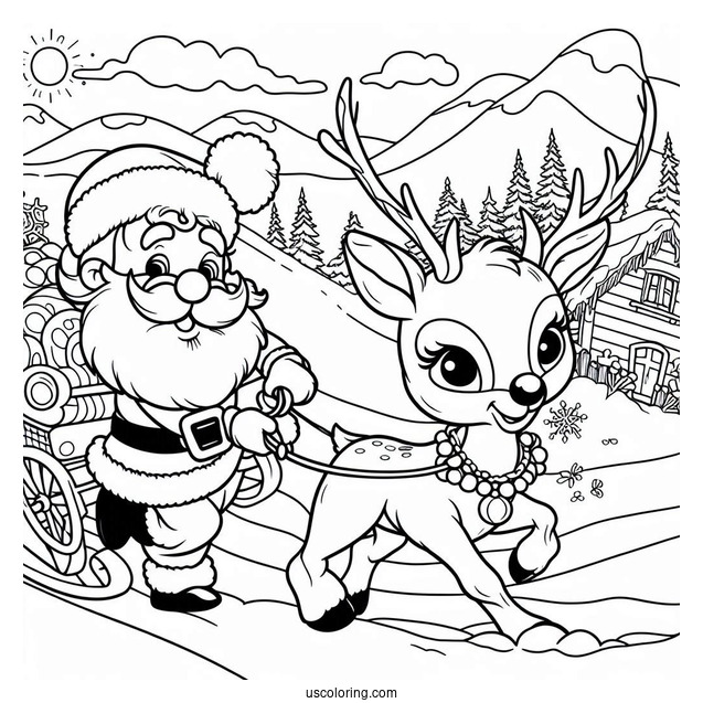 Rudolph Leading Santa With His Red Nose To Color