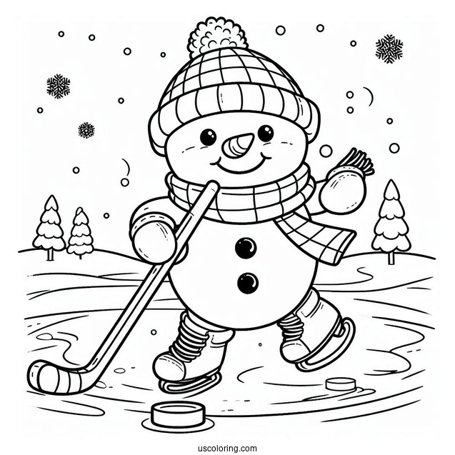 Coloring Sheet Of a Snowman Playing Ice Hockey