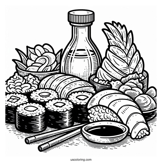 Cartoon Sushi Coloring Pages Variety, Wasabi, And Soy Sauce