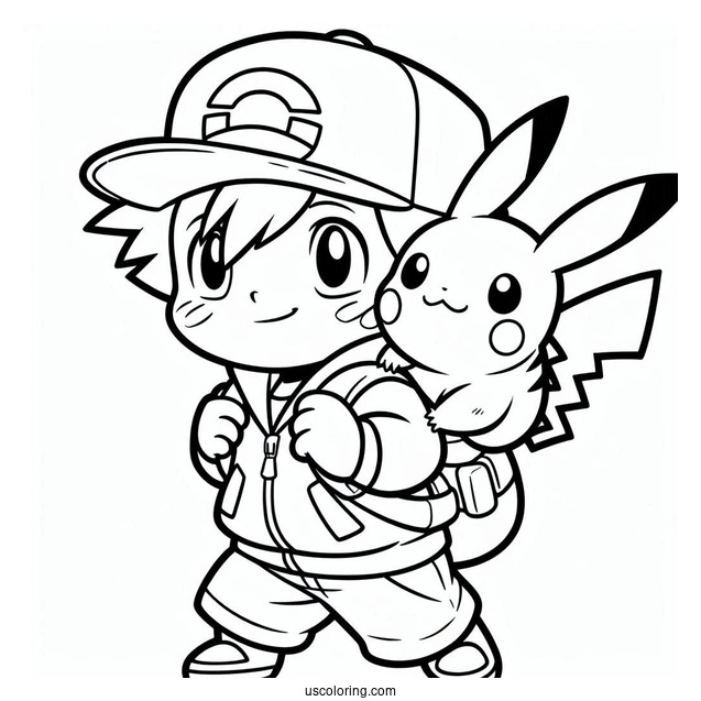 Simple Outline Of Ash Carrying Pikachu Coloring Page