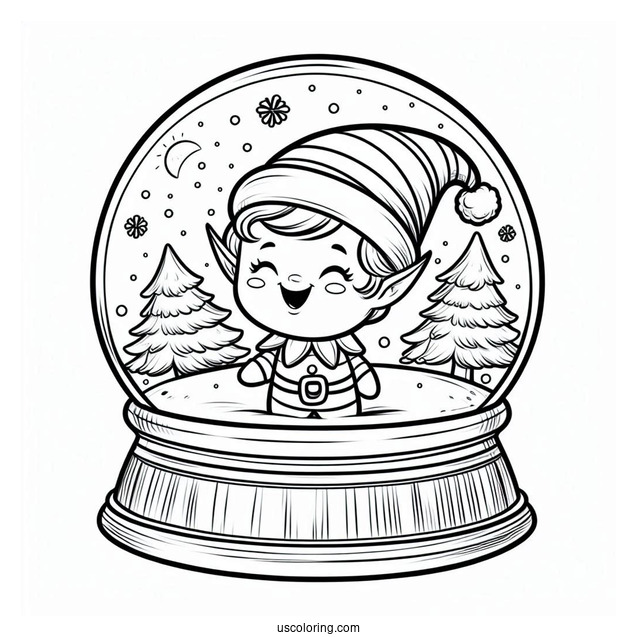 Cheerful Elf Snow Globe Coloring Page