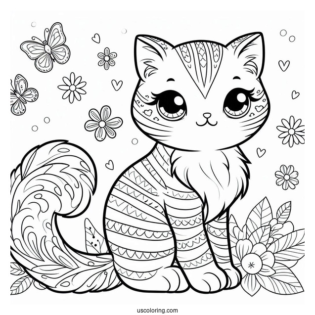Pretty Striped Cat Sitting Coloring Sheet